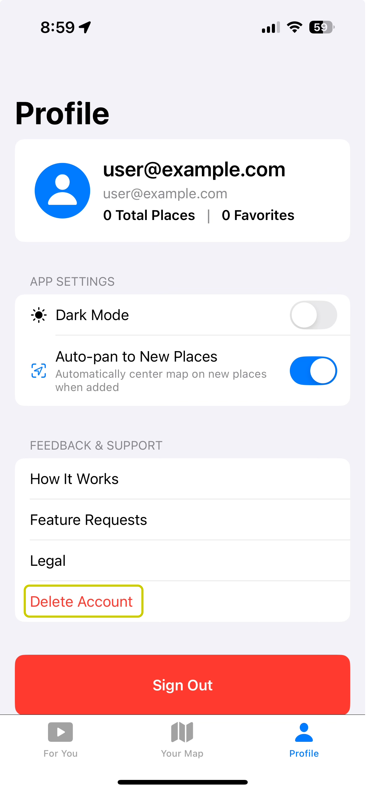 Location of the Delete Account button in the Profile screen